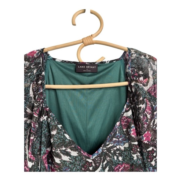 Lane Bryant Green Metallic V Neck Billowy Sleeve Womens Size 22 - Picture 9 of 16